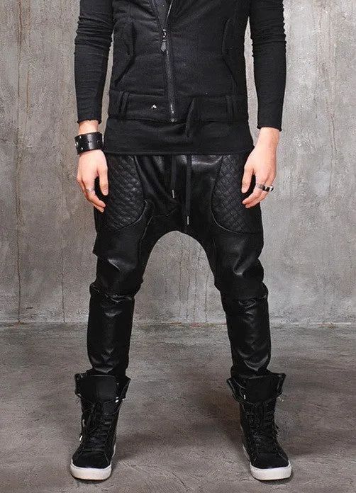 Biker Drop Crotch Dark Quilted Faux Leather Harem Pants  / Streetwear / Loose Dark Black Shadow