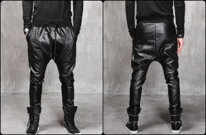 Biker Drop Crotch Dark Quilted Faux Leather Harem Pants  / Streetwear / Loose Dark Black Shadow