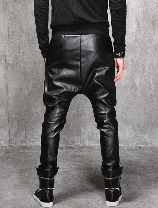 Biker Drop Crotch Dark Quilted Faux Leather Harem Pants  / Streetwear / Loose Dark Black Shadow