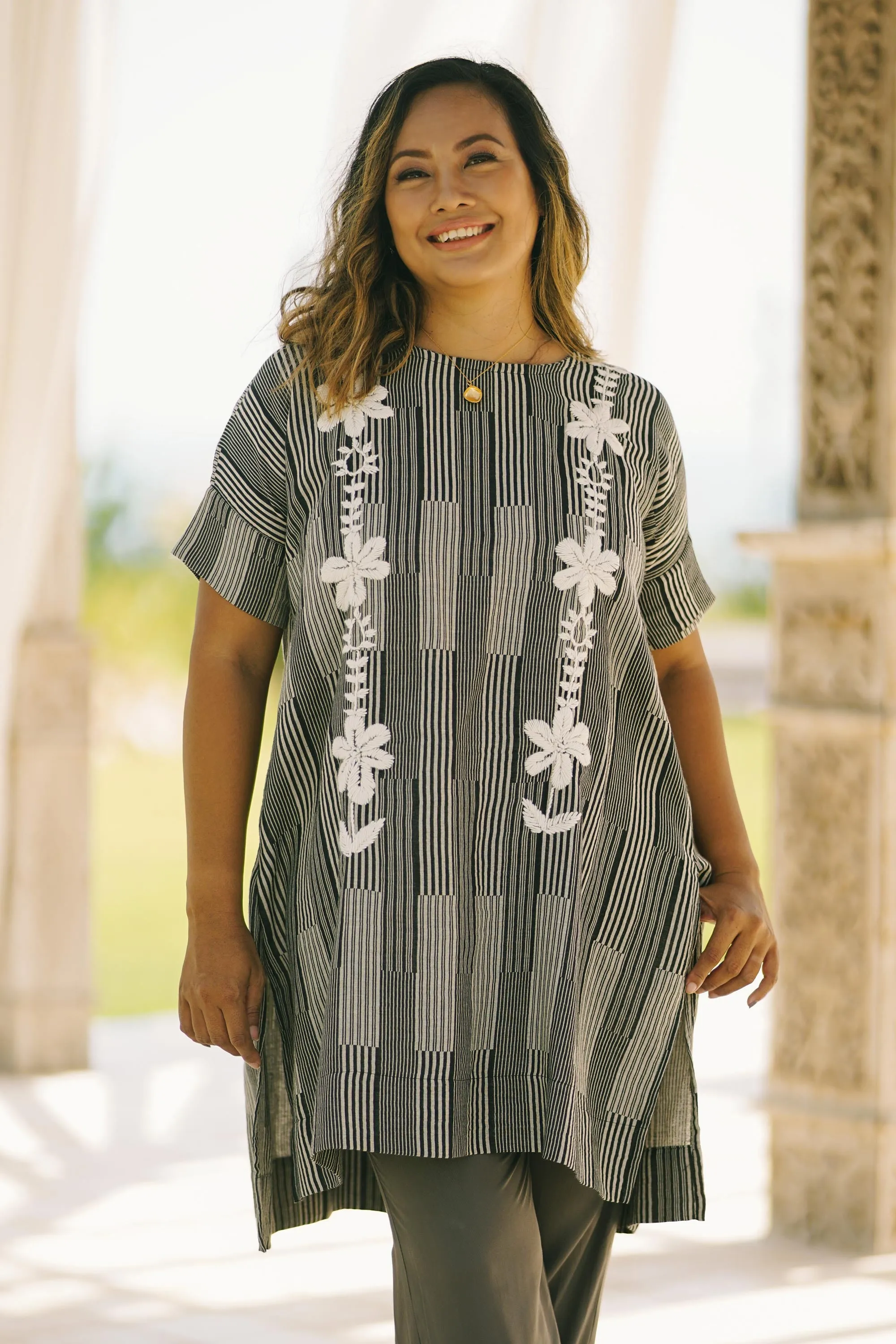 Black and Alabaster Floral Cotton Long Length Tunic - Floral Lattice | NOVICA