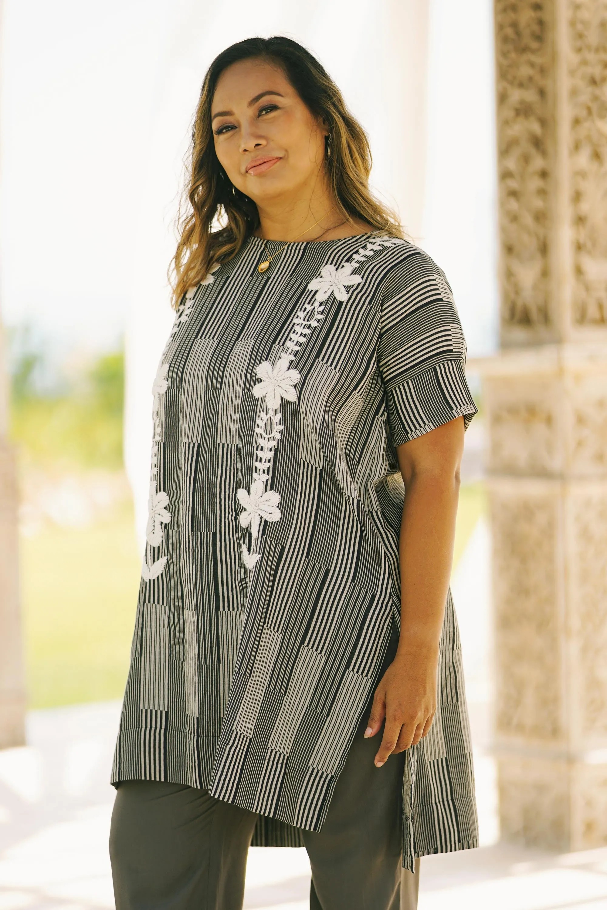 Black and Alabaster Floral Cotton Long Length Tunic - Floral Lattice | NOVICA