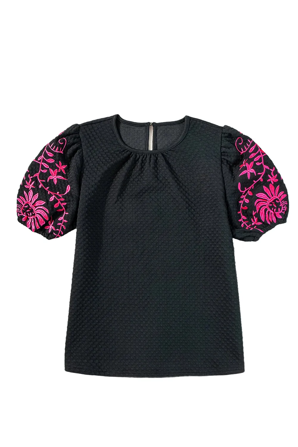 Black Floral Embroidered Textured Puff Sleeve T Shirt