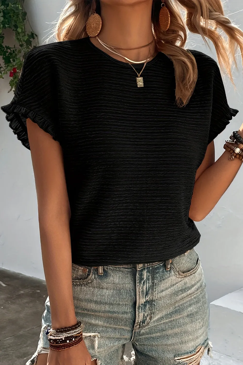 Black Solid Textured Frill Cuffs Short Sleeve Blouse