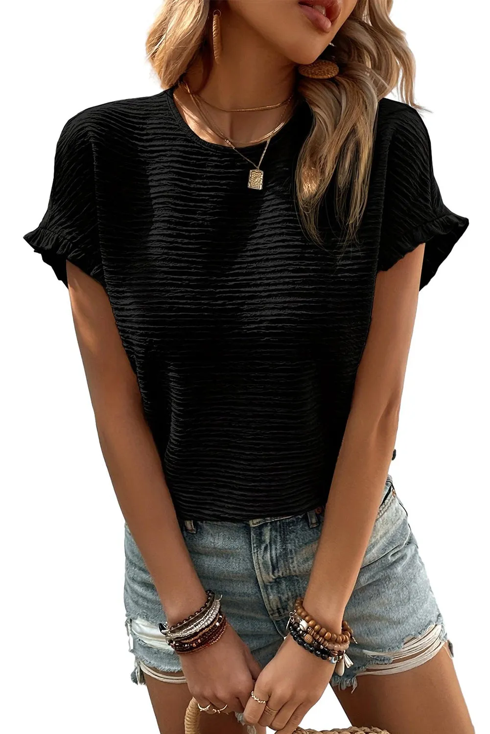 Black Solid Textured Frill Cuffs Short Sleeve Blouse