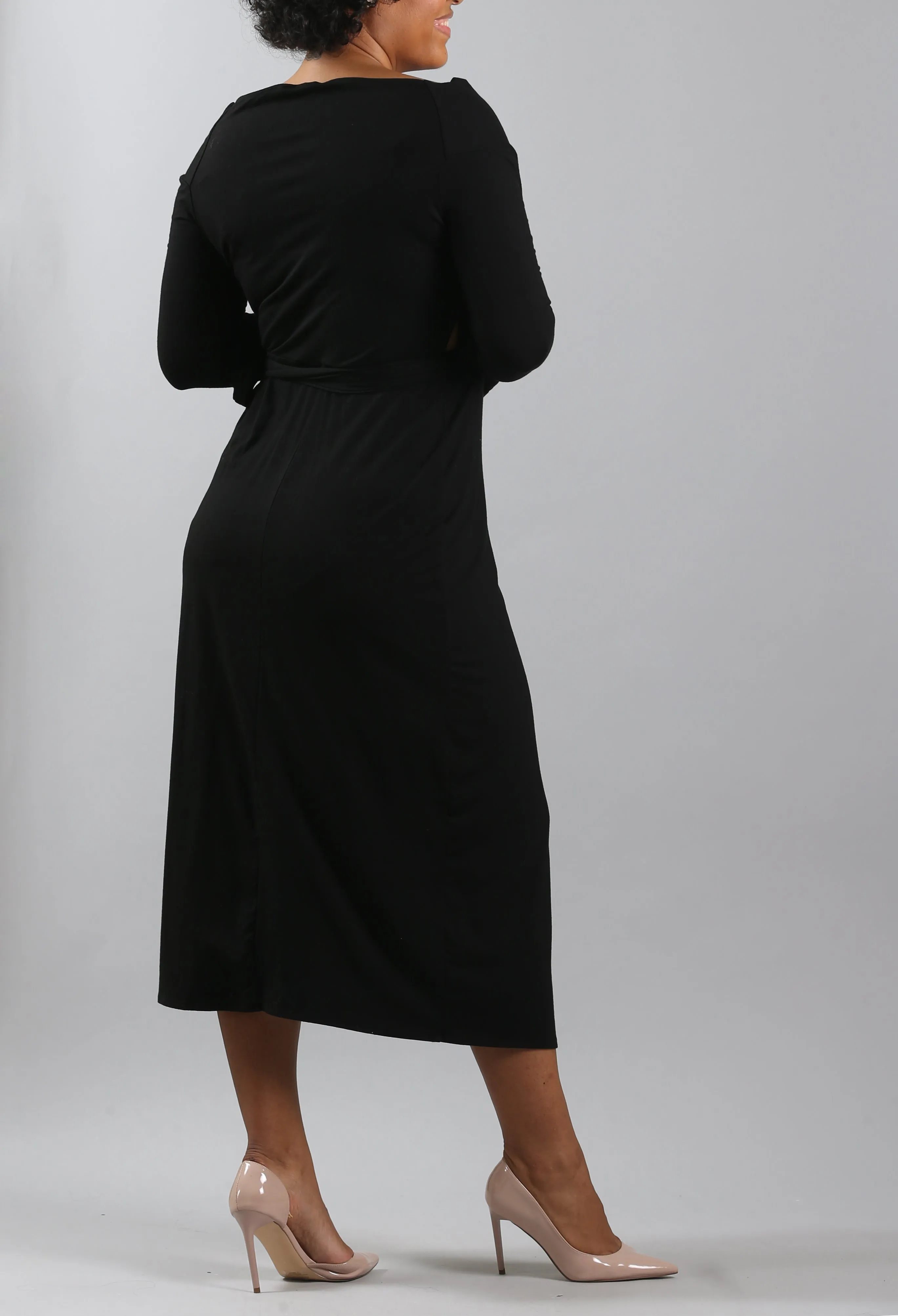 Black v-neck Dama Wrap Midi Dress