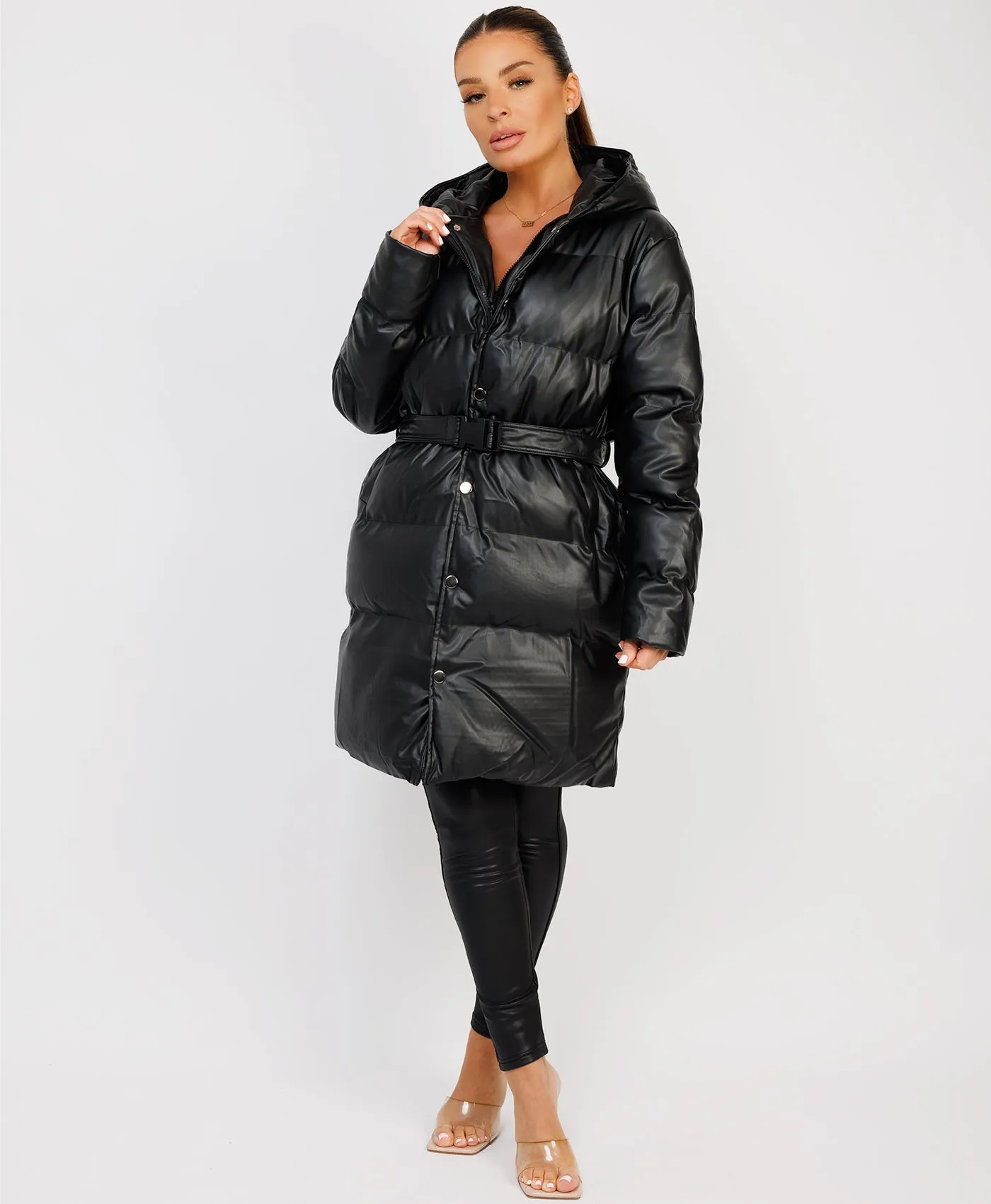 Black Vegan Leather Padded Belted Puffer Trench Coat