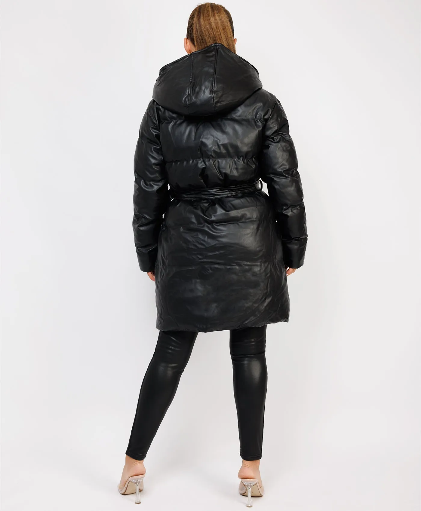 Black Vegan Leather Padded Belted Puffer Trench Coat