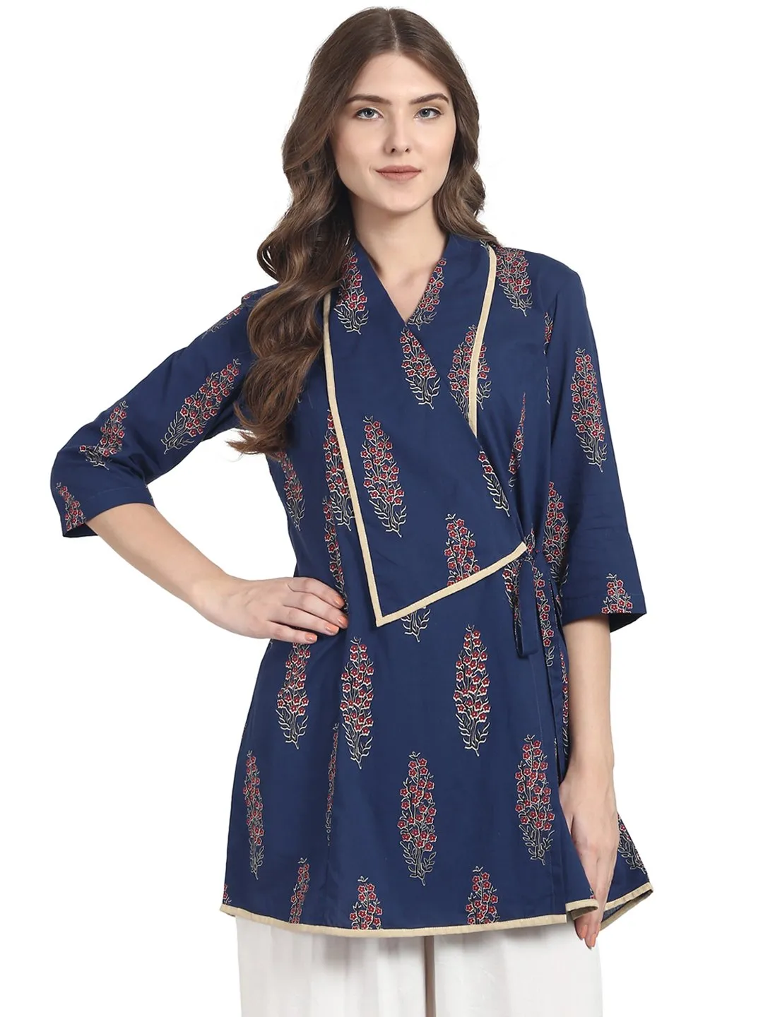 Blue 3/4 Sleeve Cotton Angrakha Style Tunic