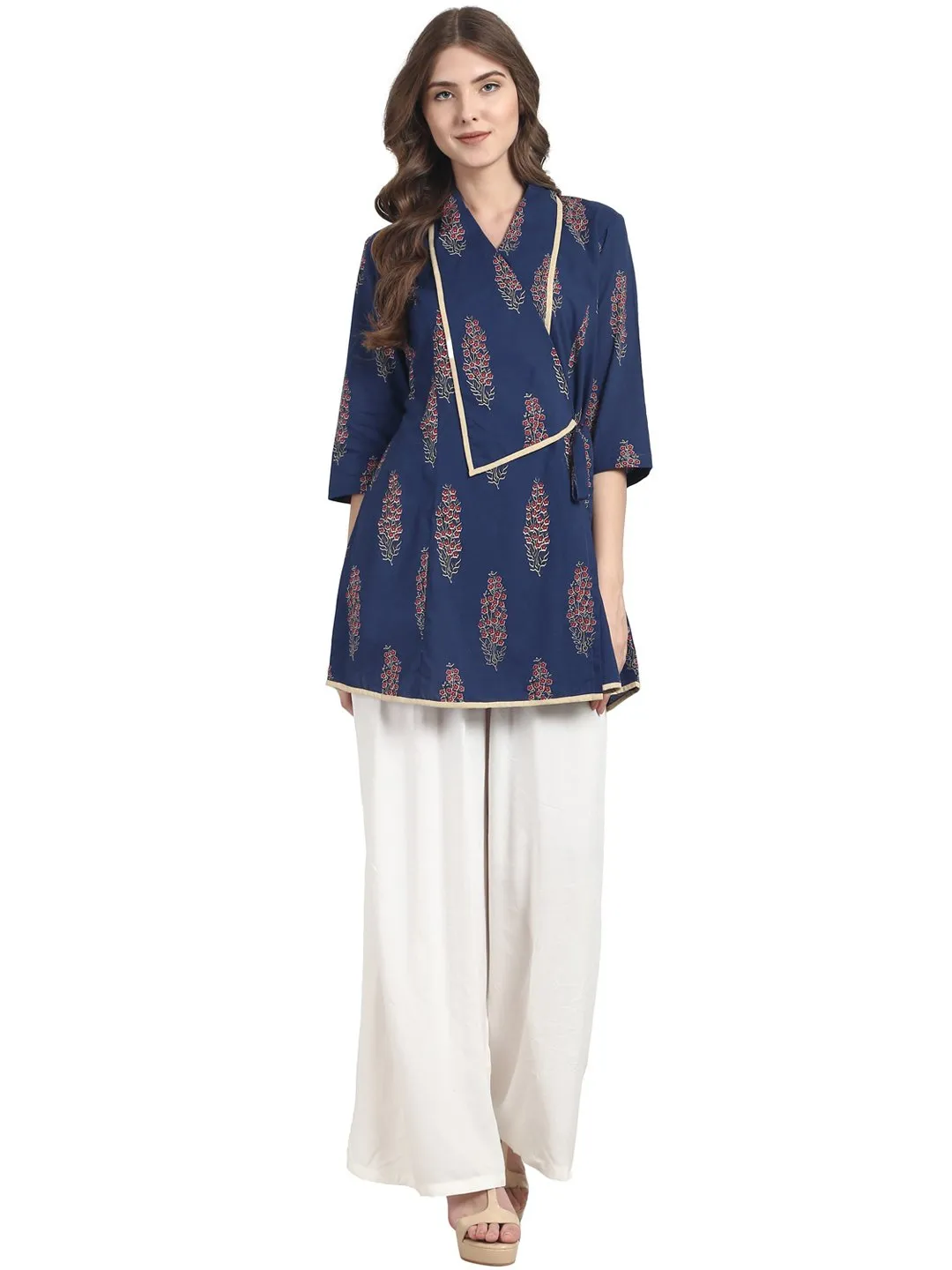 Blue 3/4 Sleeve Cotton Angrakha Style Tunic