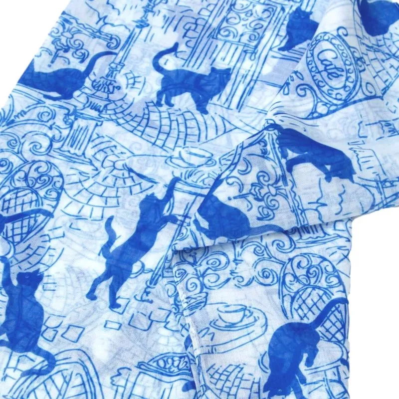 Blue & White Cafe Cats Scarf