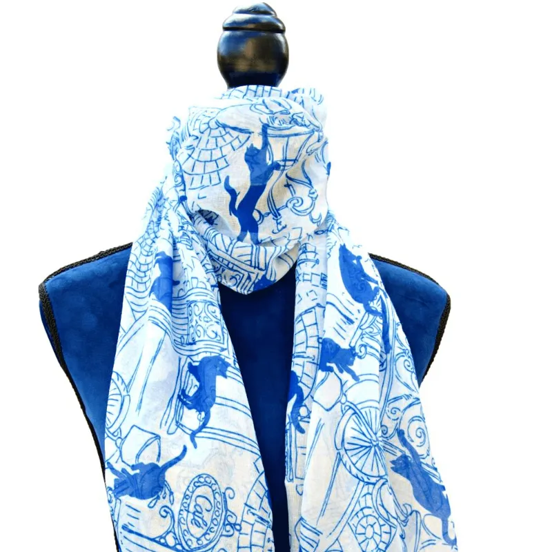 Blue & White Cafe Cats Scarf