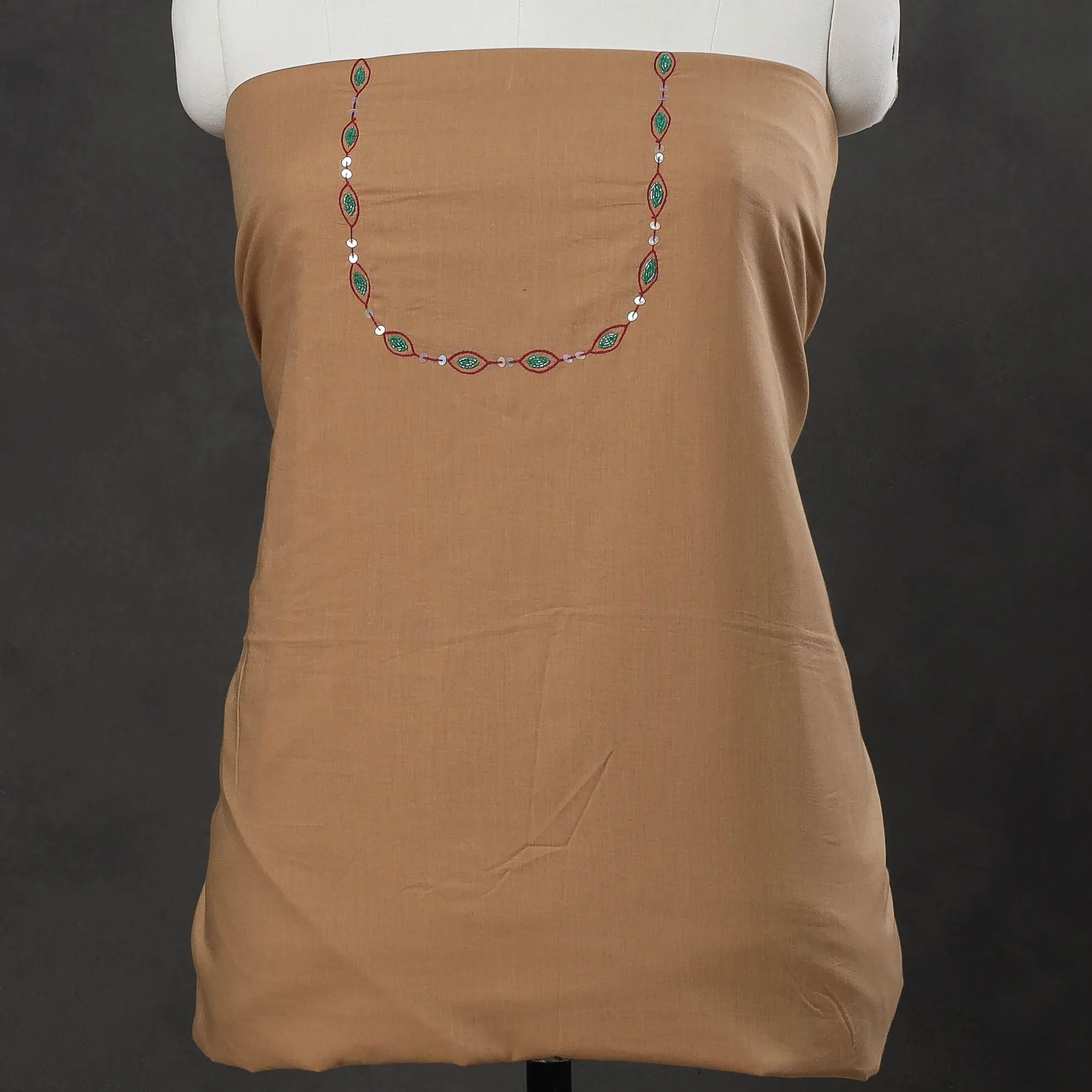 Brown - Hand Embroidery Plain Cotton Kurta Material - 3 Meter