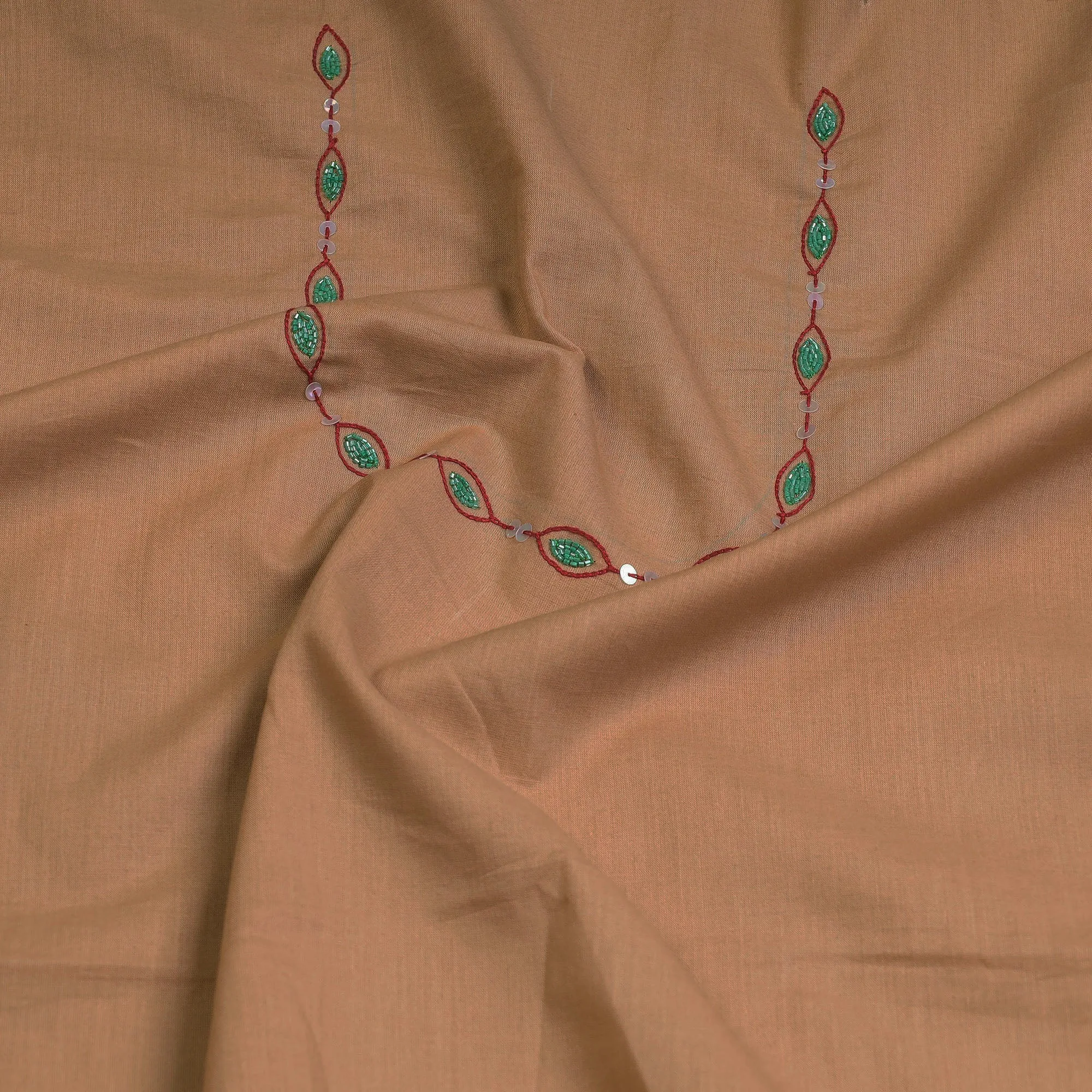 Brown - Hand Embroidery Plain Cotton Kurta Material - 3 Meter