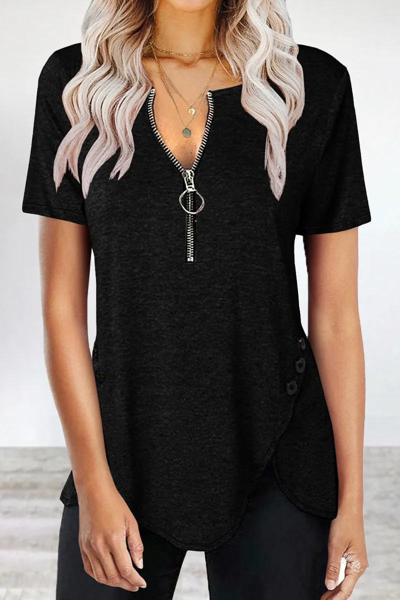 Casual Solid Asymmetrical Zipper Zipper Collar T-Shirts