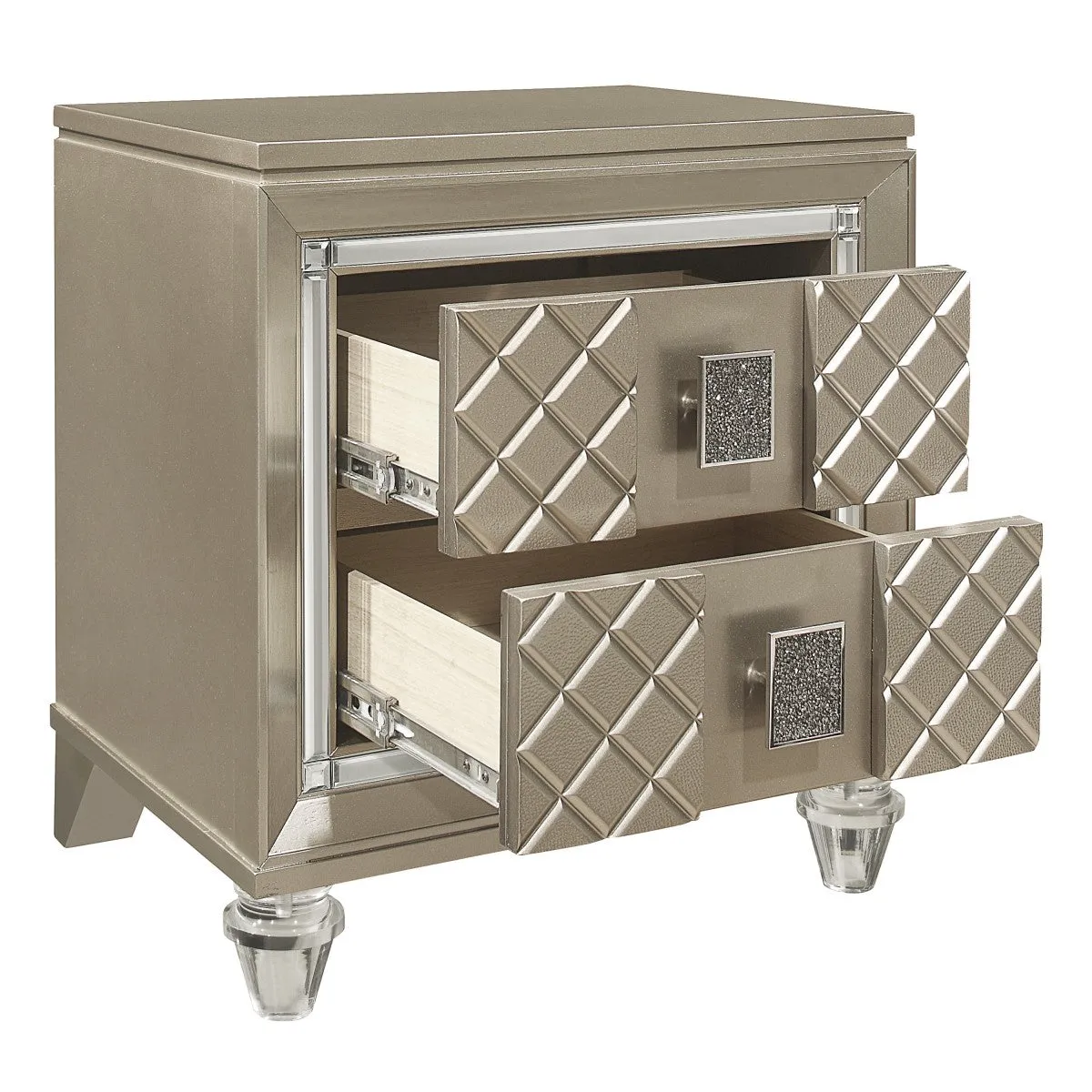 Champagne Metallic Night Stand with Embossed Drawer Fronts