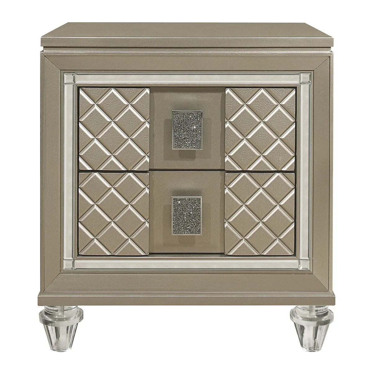 Champagne Metallic Night Stand with Embossed Drawer Fronts