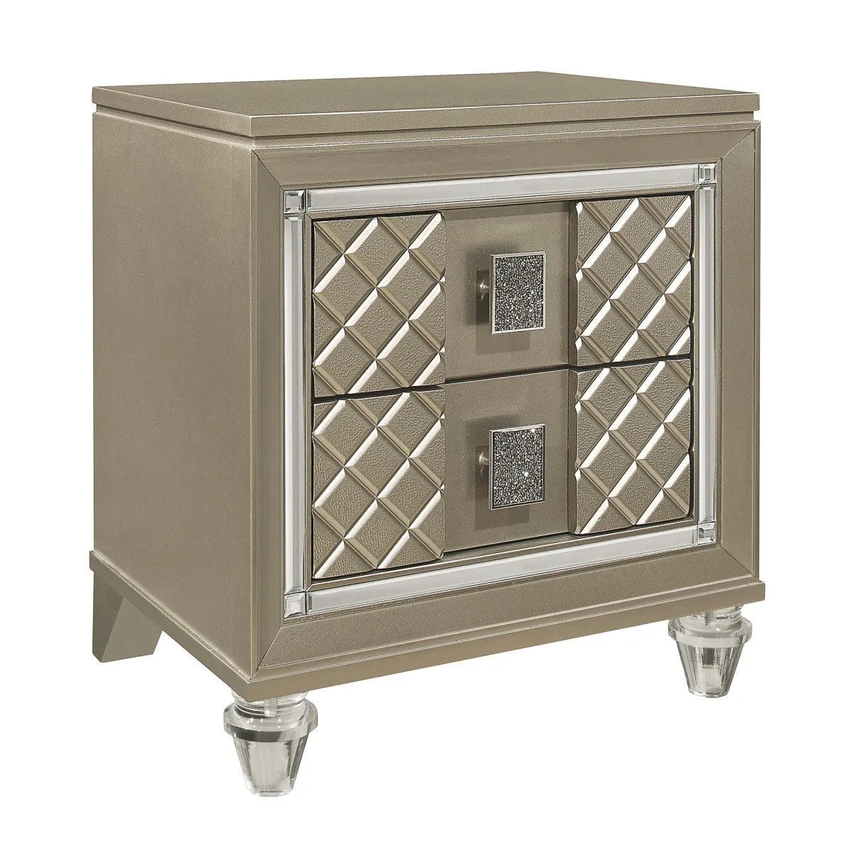 Champagne Metallic Night Stand with Embossed Drawer Fronts