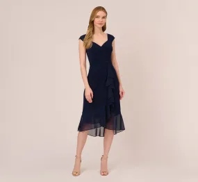 Chiffon And Jersey Flounce Draped Dress With Pleated Details In Midnight