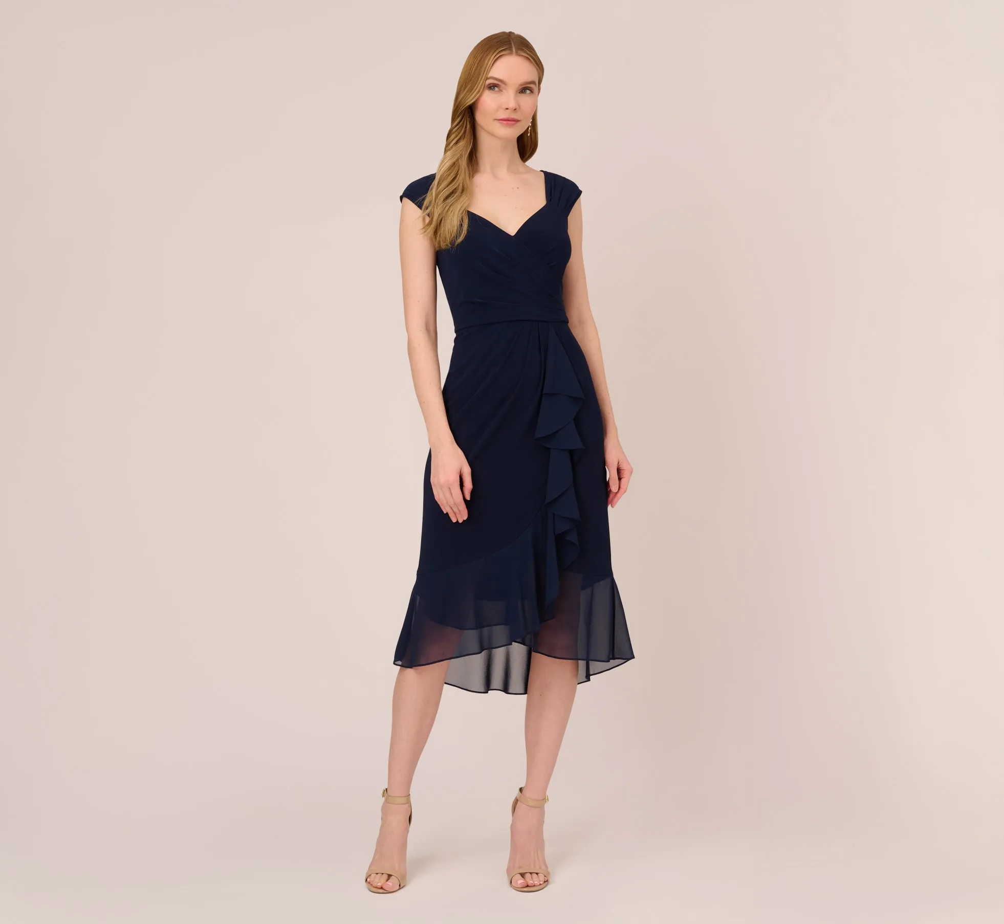 Chiffon And Jersey Flounce Draped Dress With Pleated Details In Midnight