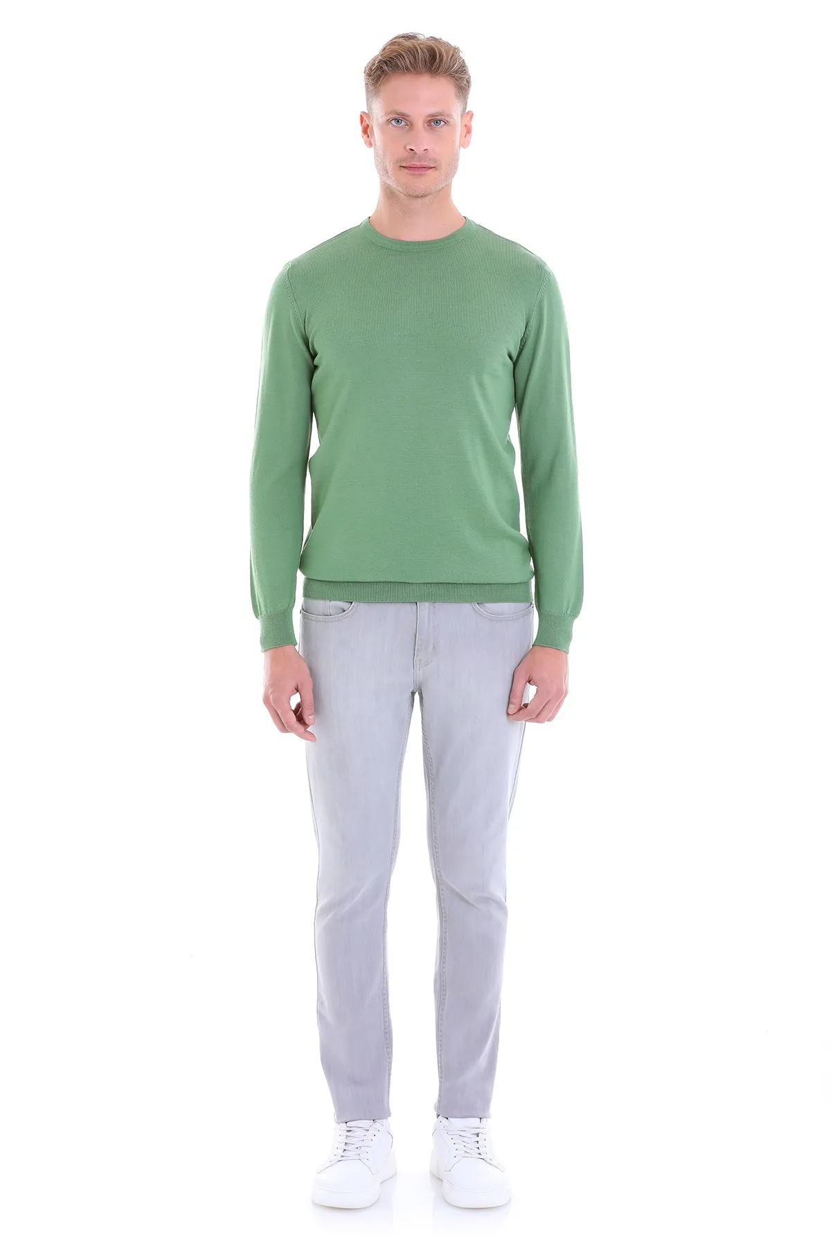 Comfort Fit Wool Blend Green Crewneck Sweater