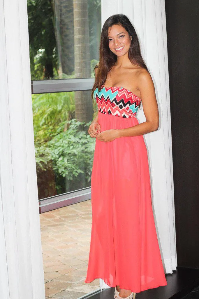 Coral Sleeveless Maxi Dress With Printed Top