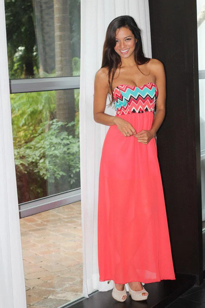 Coral Sleeveless Maxi Dress With Printed Top