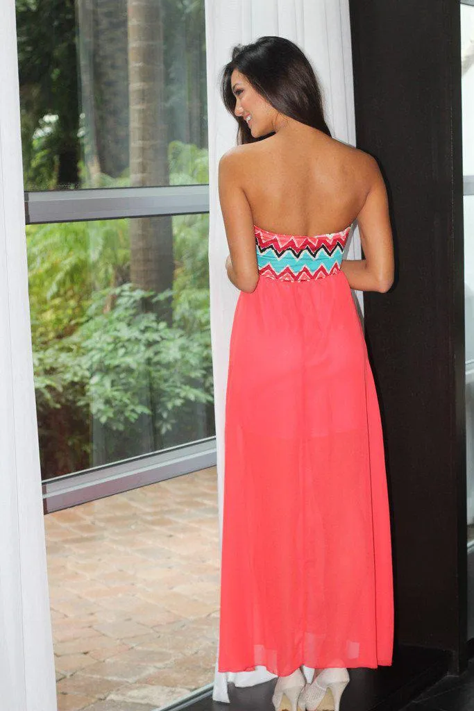 Coral Sleeveless Maxi Dress With Printed Top