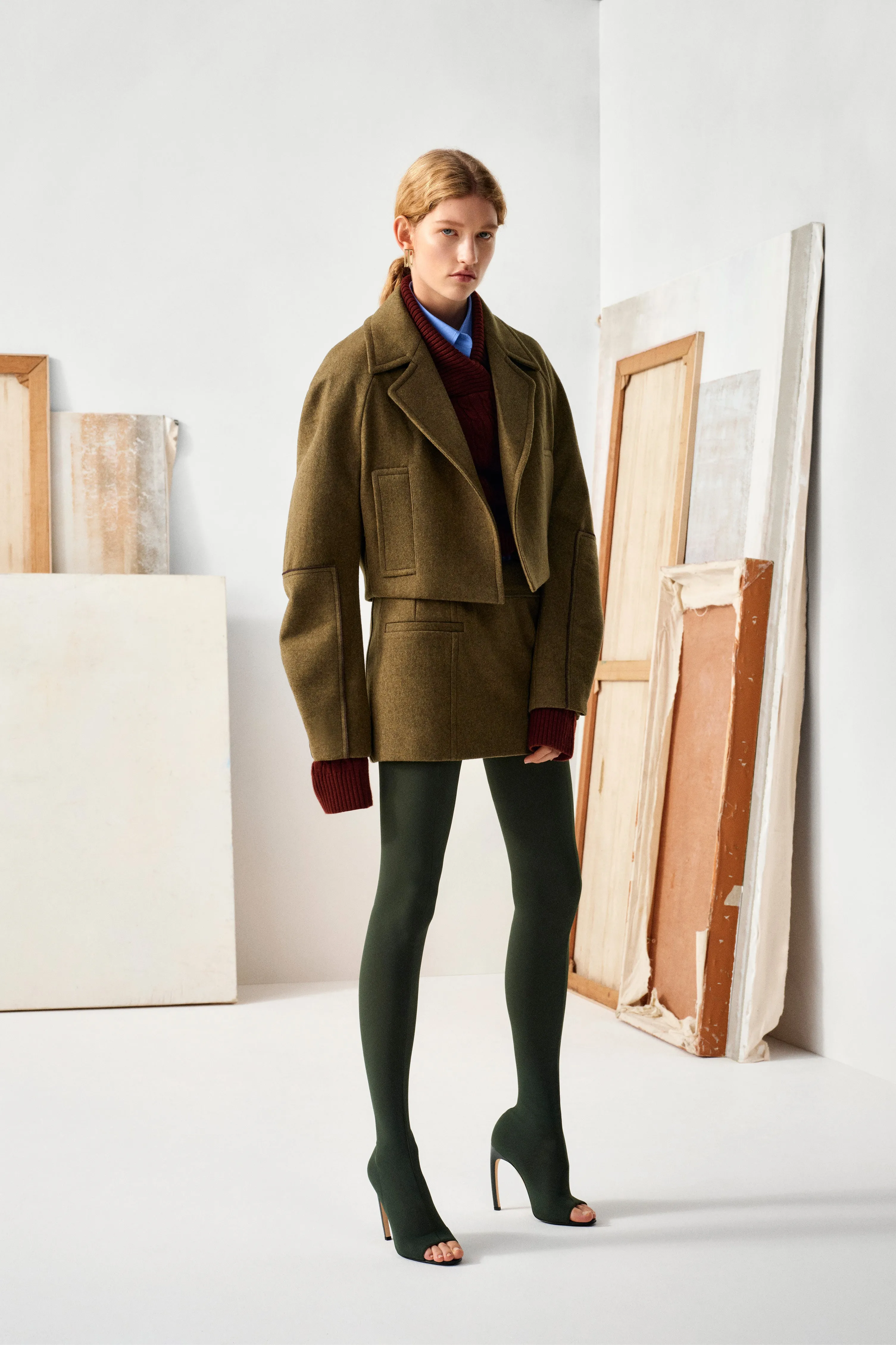 Cropped Pea Coat In Khaki