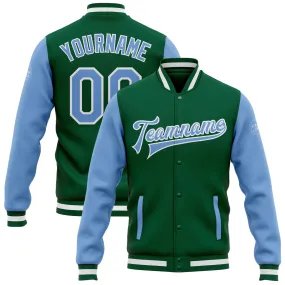 Custom Kelly Green Light Blue-White Bomber Full-Snap Varsity Letterman Two Tone Jacket