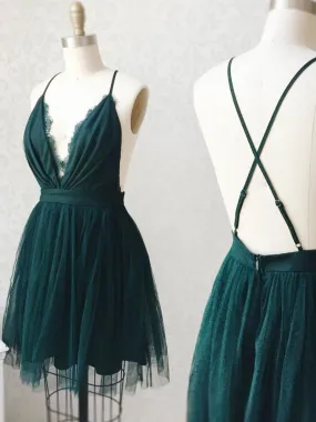 Cute V Neck Backless Green Short Prom Dresses, Backless Green Homecoming Dresses, Green Formal Graduation Evening Dresses