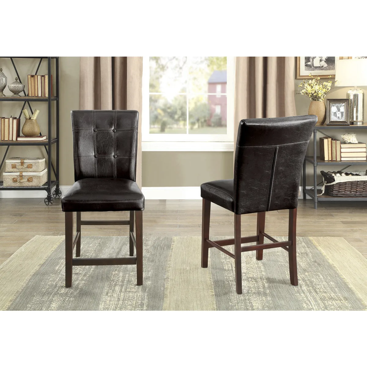 Dark Cherry Counter Height Chair w/ Button-Tufted Back - Set of 2