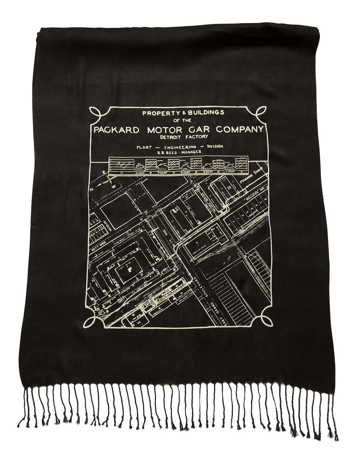 Detroit Map Scarf, Packard Plant Engineering Blueprint Bamboo Pashmina