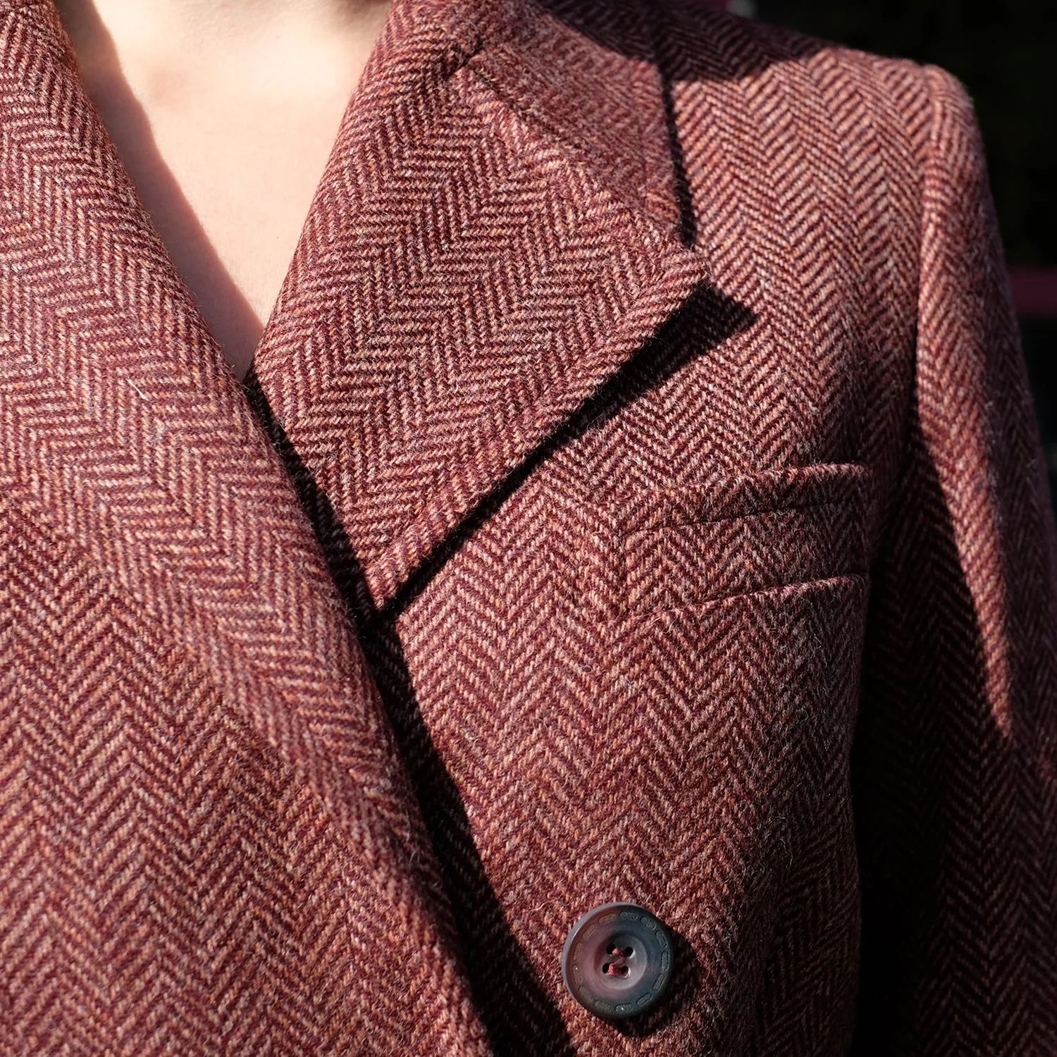 Double-Breasted Tweed Trench Coat in Burgundy Herringbone