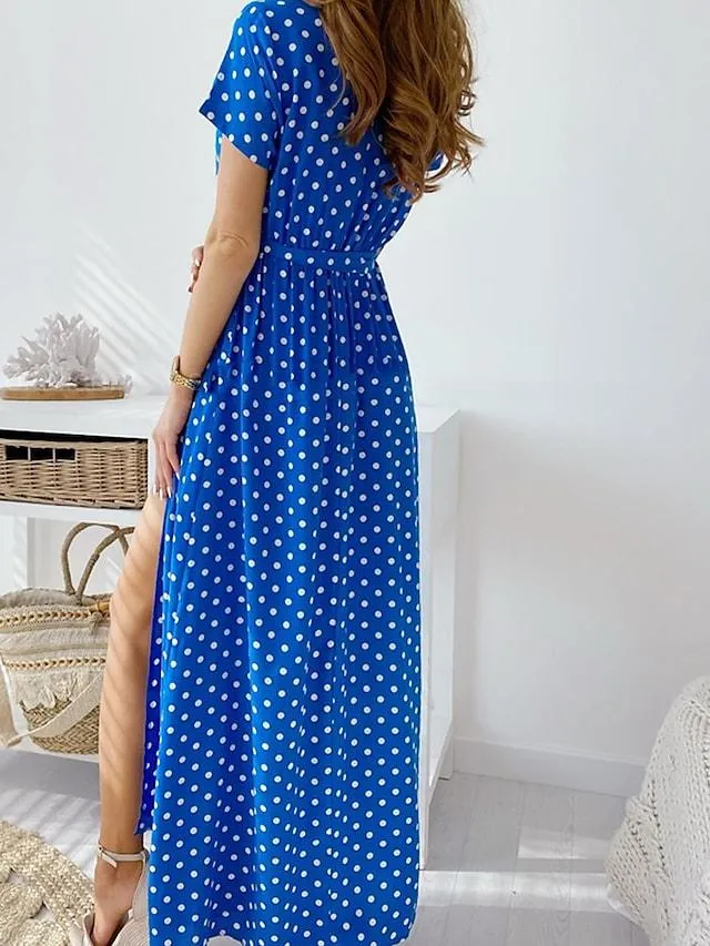 Dunnmall Women's Chiffon Dress Maxi Long Dress White Blue Red Navy Blue Short Sleeve Polka Dot Summer V Neck Sexy Boho 2021 S M L XL XXL