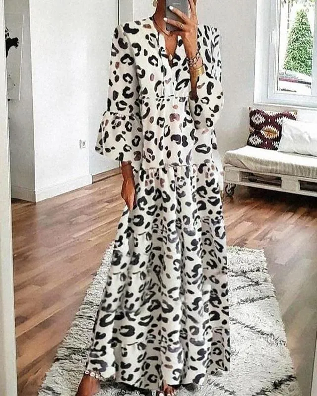 Dunnmall Women's Swing Dress Maxi long Dress 3/4 Length Sleeve Print Print Spring Summer Casual vacation dresses Flare Cuff Sleeve White Black S M L XL XXL 3XL