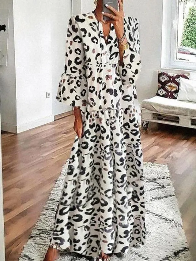 Dunnmall Women's Swing Dress Maxi long Dress 3/4 Length Sleeve Print Print Spring Summer Casual vacation dresses Flare Cuff Sleeve White Black S M L XL XXL 3XL