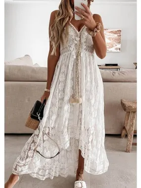 Dunnmall Women's Swing Dress Maxi Long Dress White Beige Sleeveless Solid Color Embroidered Lace Spring Summer V Neck Casual Boho Beach Lace 2021 S M L XL XXL