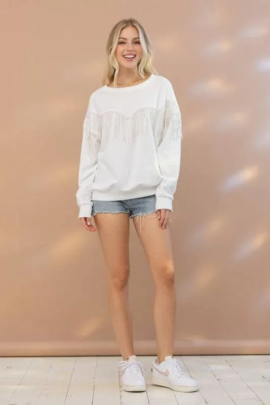 Embellished rhinestone fringe oversized top