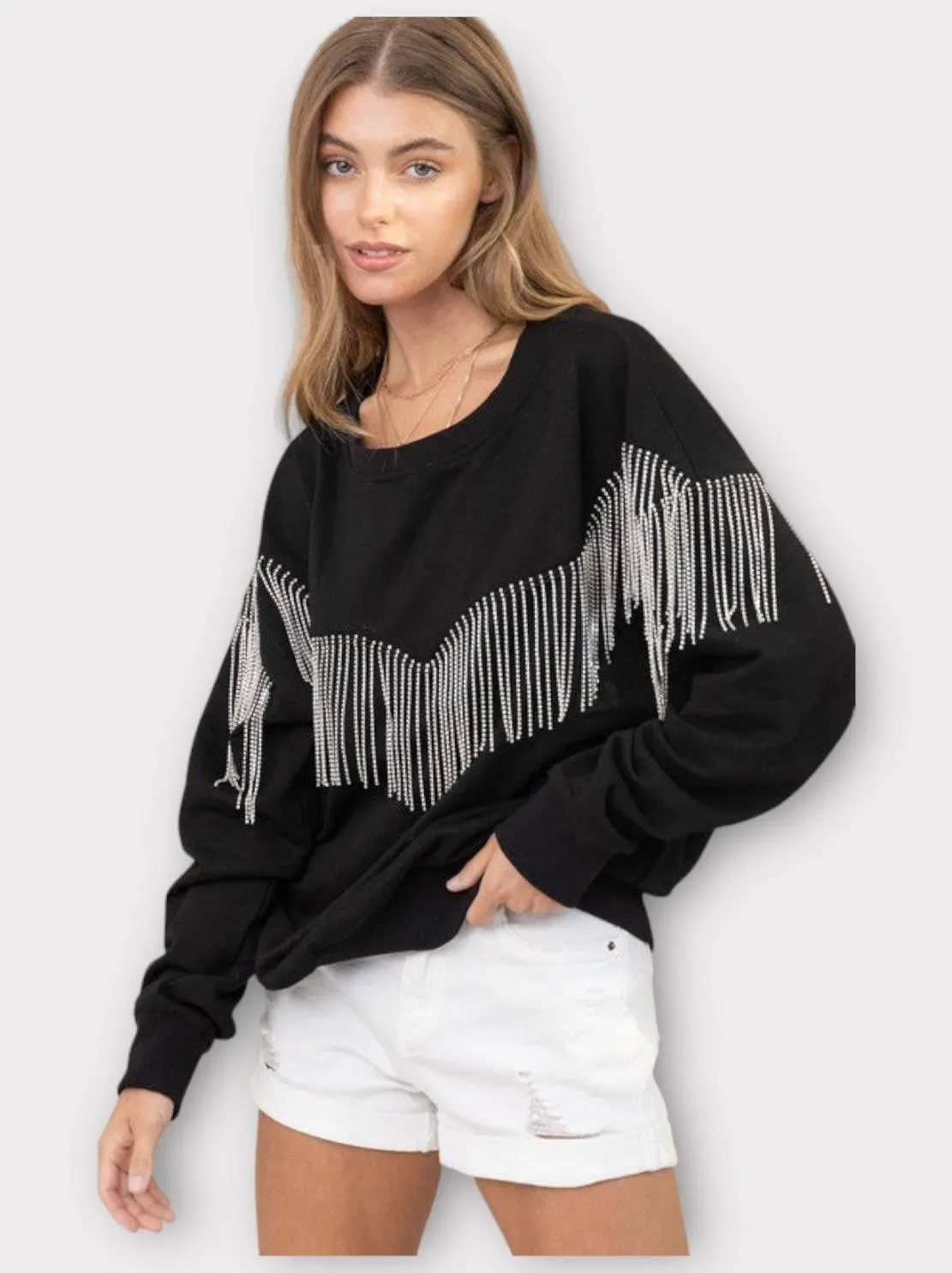 Embellished rhinestone fringe oversized top