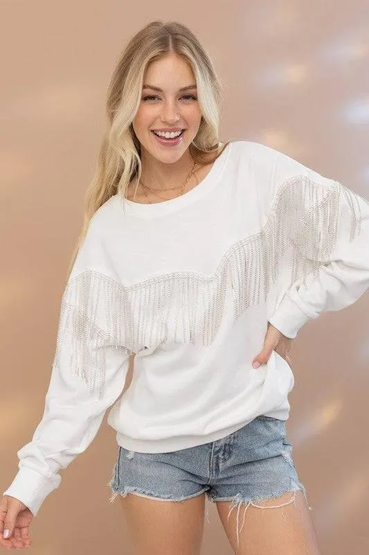 Embellished rhinestone fringe oversized top