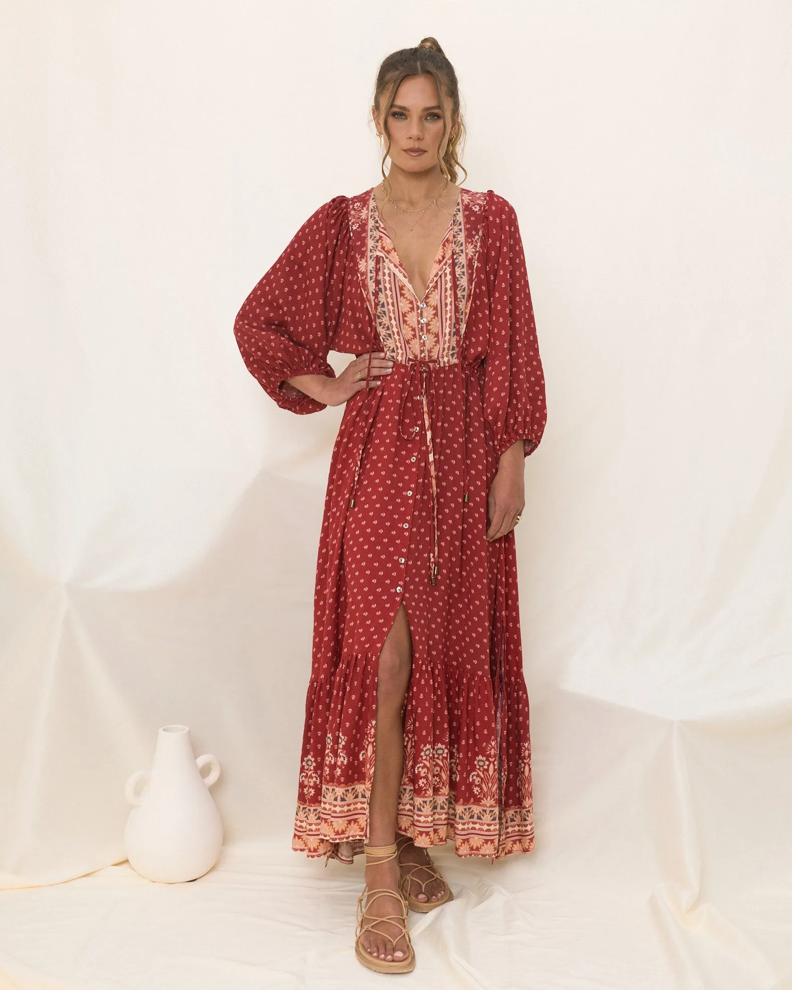 Ember Red Boho Button Down Maxi Dress