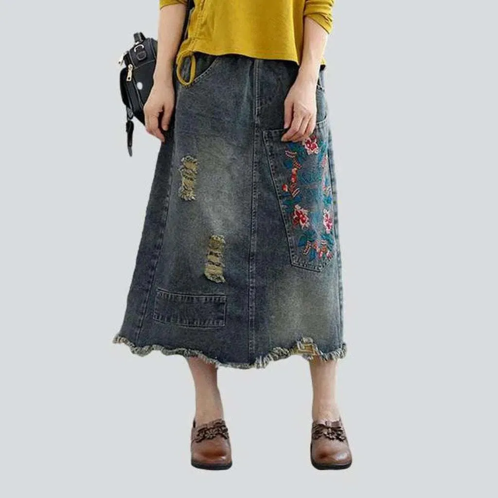 Embroidered ripped women's denim skirt