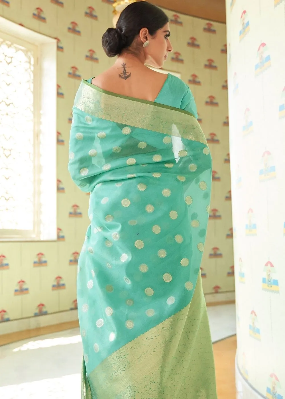 Emerald Green Zari Woven Linen Silk Saree