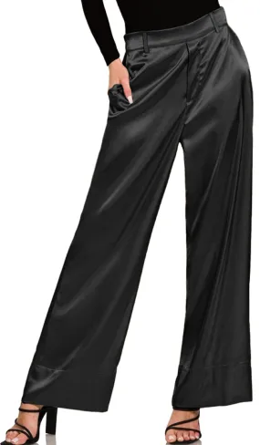 Eva Loose Stretch Wide Leg Silky Pants - Black