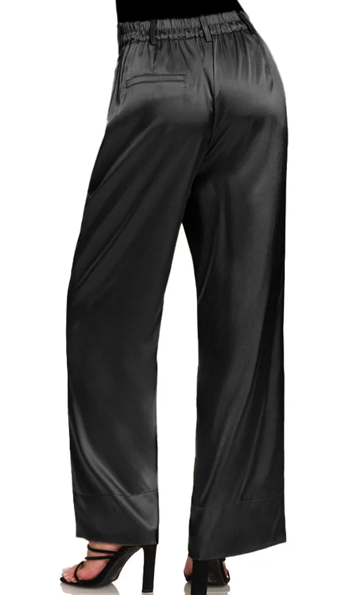 Eva Loose Stretch Wide Leg Silky Pants - Black