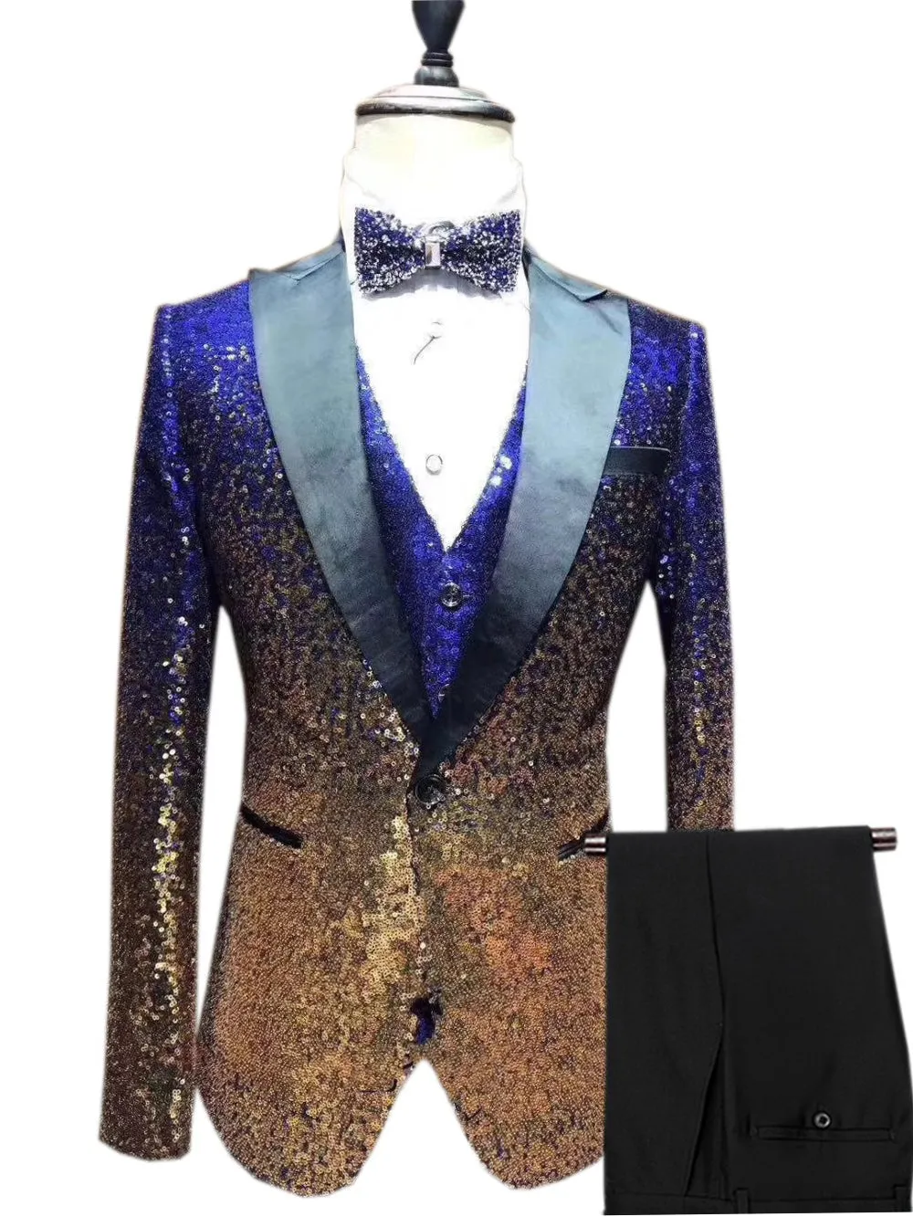 Fashion Gradient Sequined Tuxedo Peak lapel Men's Suit (Blazer   Vest   Pants)