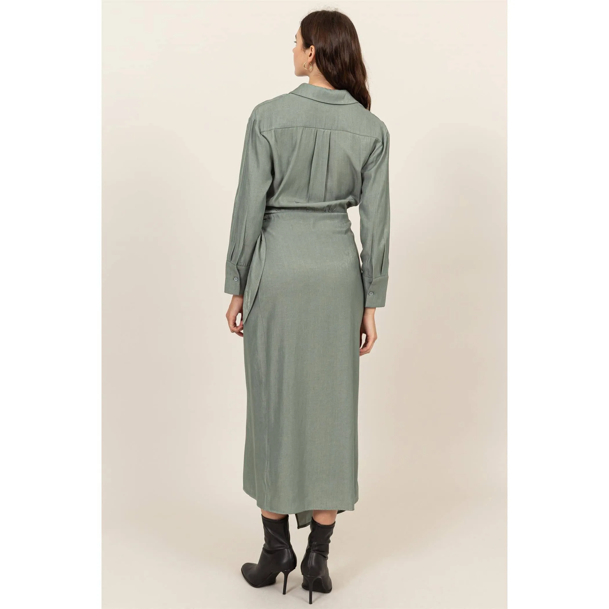 FAUX WRAP SIDE TIE MIDI DRESS - SAGE