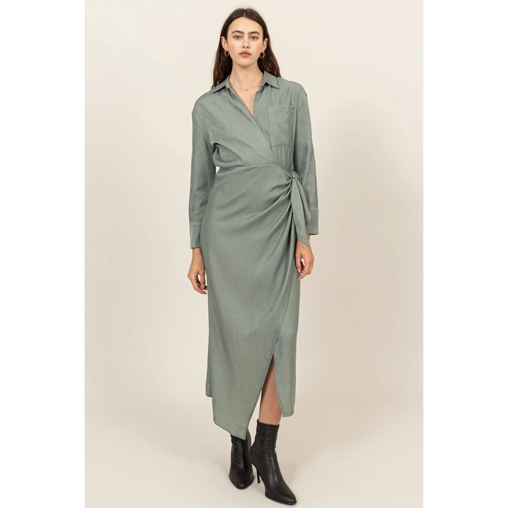 FAUX WRAP SIDE TIE MIDI DRESS - SAGE