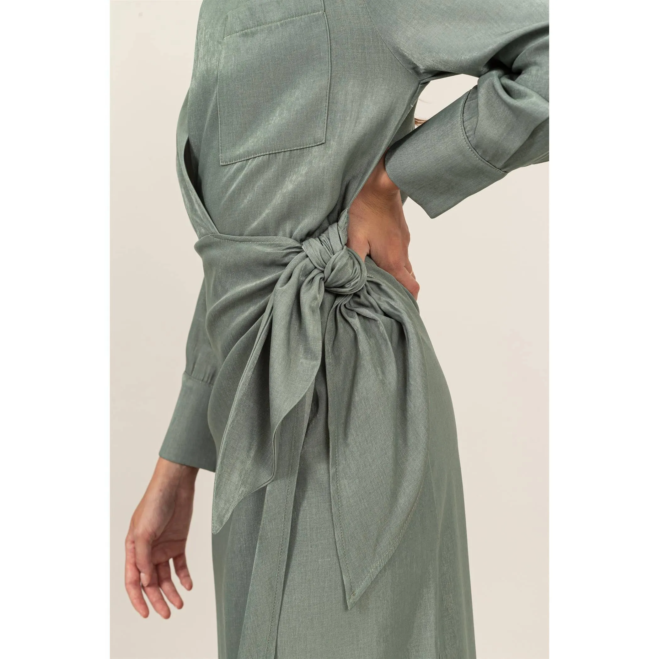 FAUX WRAP SIDE TIE MIDI DRESS - SAGE