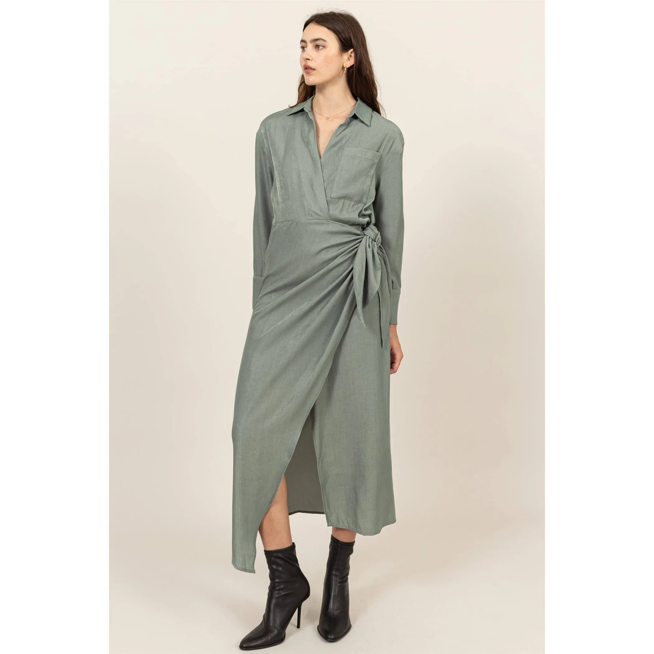 FAUX WRAP SIDE TIE MIDI DRESS - SAGE